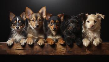 Cute puppy sitting, looking at camera, in a row indoors generated by AI photo