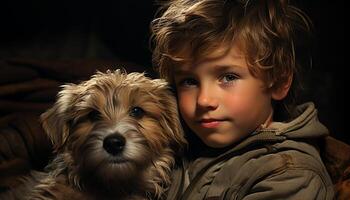 Cute child and dog, portrait of small animal embracing love generated by AI photo