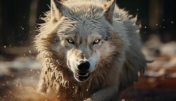 Cute dog running in the snow, wet fur, playful winter generated by AI photo