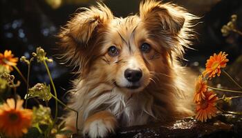 A cute puppy sitting in the grass, looking at the camera generated by AI photo