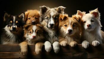 A row of cute, small puppies sitting together, looking adorable generated by AI photo