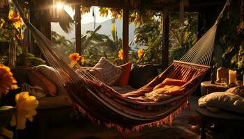 cómodo almohada en un tropical hamaca, disfrutando naturaleza tranquilo escena generado por ai foto