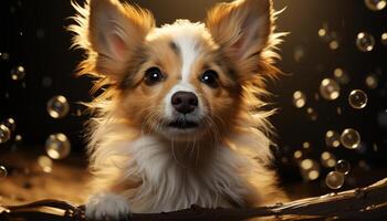 Cute puppy sitting, looking at camera, wet, playful, fluffy fur generated by AI photo