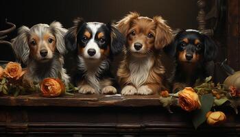 Cute puppy sitting, looking at camera, surrounded by autumn nature generated by AI photo