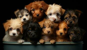 Cute puppy sitting, looking at camera, playful, fluffy, small dog generated by AI photo