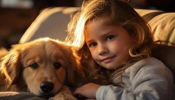A cute dog and child, smiling, embracing in a joyful portrait generated by AI photo