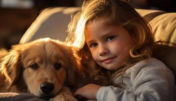 un linda perro y niño, sonriente, abrazando en un alegre retrato generado por ai foto