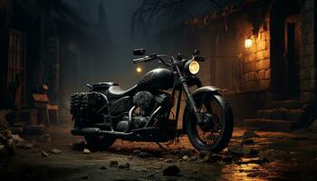 antiguo motocicleta carreras en el oscuro, llamas encender el noche generado por ai foto
