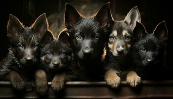 Cute puppy sitting, looking at camera, surrounded by fluffy friends generated by AI photo