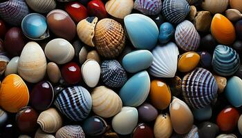 Large group of seashells, shiny and colorful, underwater beauty in nature generated by AI photo