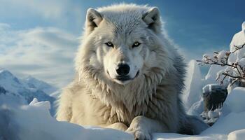 A majestic gray wolf sits in the snowy arctic landscape generated by AI photo