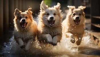 Cute puppy playing in water, joyful and wet, purebred dog generated by AI photo