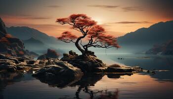 Tranquil scene  sunset reflects on water, silhouettes of trees generated by AI photo