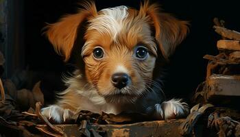 Cute puppy sitting, looking at camera, fluffy fur, playful nature generated by AI photo