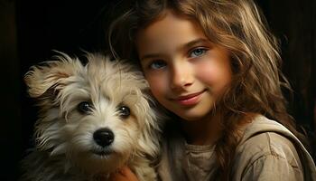 Cute dog, child, portrait, small, smiling, animal, Caucasian ethnicity, looking at camera generated by AI photo