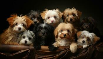 Cute small puppy sitting, looking at camera, fluffy fur, playful generated by AI photo