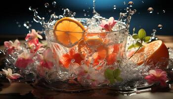 Refreshing cocktail with citrus fruit, ice, and a splash of soda generated by AI photo