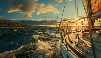 Sailing yacht glides on waves, sunset paints nature water canvas generated by AI photo