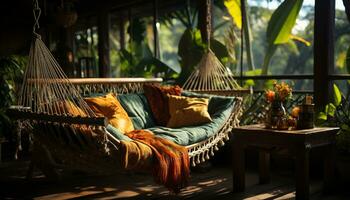 Relaxation in nature, indoors Comfortable chair, no people Wood material generated by AI photo