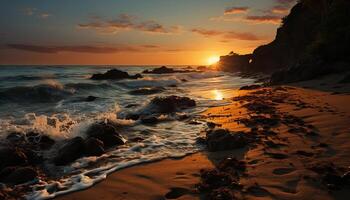 Sunset over the coastline, waves crash on the sandy shore generated by AI photo