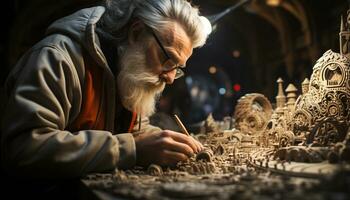 Senior adult craftsman working in a workshop, skillfully carving a sculpture generated by AI photo