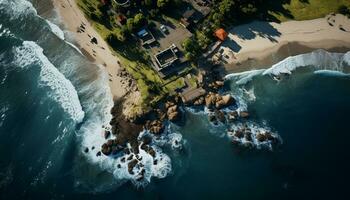 Aerial view of coastline, nature wave, water, surf, sand generated by AI photo