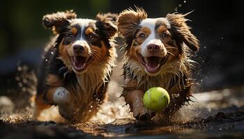 Cute puppy playing in water, splashing, having fun outdoors generated by AI photo