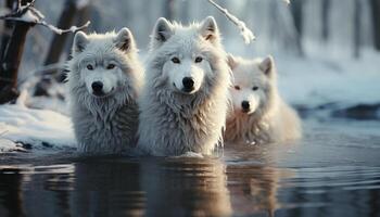 A cute Samoyed puppy playing in the snowy arctic outdoors generated by AI photo