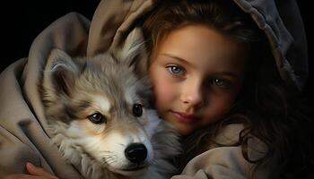 A cute puppy and a smiling girl, pure friendship and love generated by AI photo