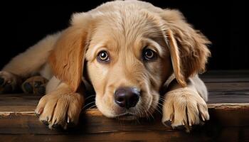 Cute puppy sitting, looking at camera, purebred golden retriever generated by AI photo