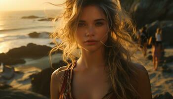 un hermosa joven mujer en trajes de baño disfruta el verano puesta de sol generado por ai foto