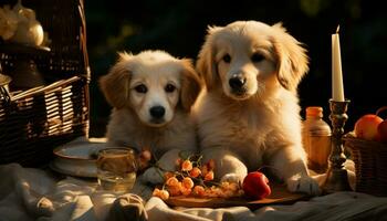 A cute puppy playing with a toy in the autumn generated by AI photo