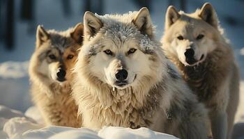 Playful wolf running in the snow, a beautiful winter friendship generated by AI photo