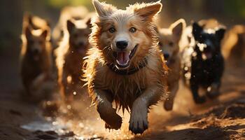 A cute puppy playing in the water, enjoying the outdoors generated by AI photo