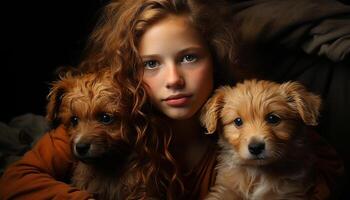 A cute puppy and a child share a loving friendship generated by AI photo