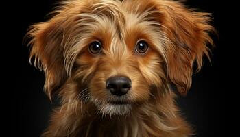 Cute puppy sitting, looking at camera, fluffy fur, black background generated by AI photo