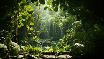 un lozano verde bosque, un tranquilo escena de naturaleza belleza generado por ai foto