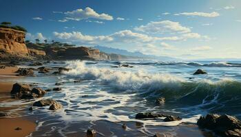 tranquilo marina olas rotura en rocoso línea costera, naturaleza idílico belleza generado por ai foto
