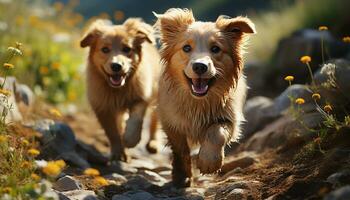 A playful puppy running in the meadow, pure joy and happiness generated by AI photo