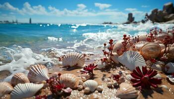 tropical línea costera, azul agua, arenoso playa, estrella de mar, y conchas marinas generado por ai foto