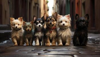 Cute small puppy sitting, looking at camera, indoors, fluffy fur generated by AI photo