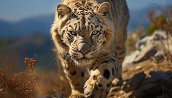 majestuoso Bengala Tigre caminando en el desierto, curioso con agresión generado por ai foto