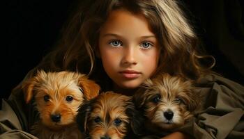 un linda pequeño perro mirando a cámara, un niño amistad generado por ai foto