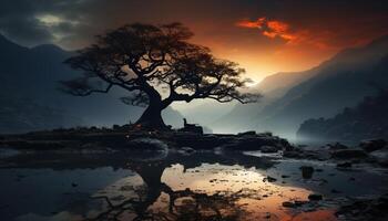 Silhouette of old tree reflects in tranquil water at dusk generated by AI photo