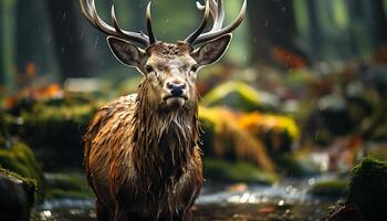 linda ciervo en el bosque, mirando a cámara, otoño temporada generado por ai foto