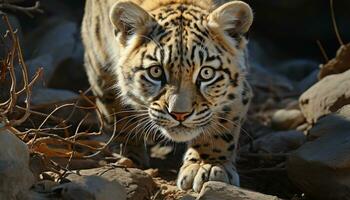 majestuoso Bengala tigre, gato montés cazador, curioso en tranquilo desierto generado por ai foto
