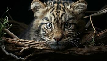 cerca arriba de un linda Bengala tigre, un joven en peligro de extinción especies generado por ai foto