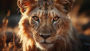 Lion, majestic and endangered, staring at camera in African wilderness generated by AI photo