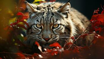 Close up of a cute Bengal tiger, staring with beautiful yellow eyes generated by AI photo