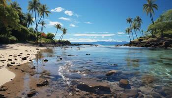 Idyllic tropical coastline, palm tree, blue water, sunset, relaxation generated by AI photo